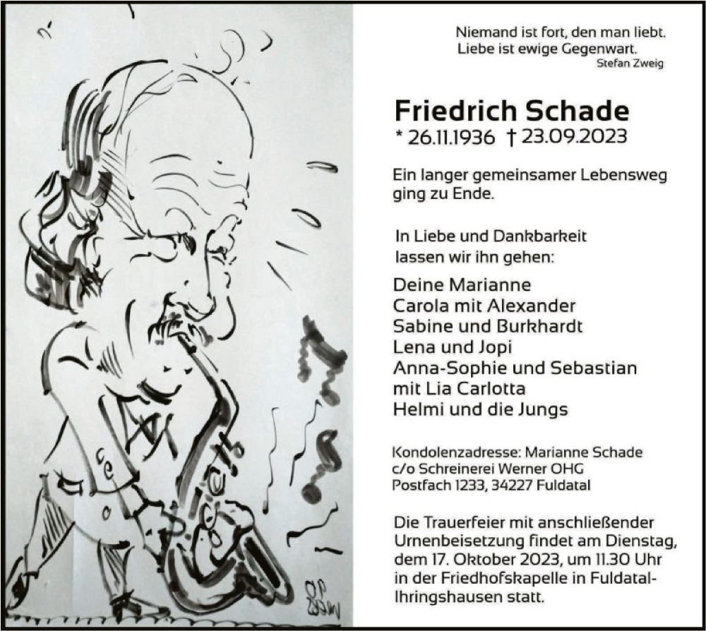  Traueranzeige für Friedrich Schade vom 12.10.2023 aus HNA