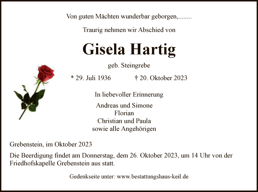  Traueranzeige für Gisela Hartig vom 25.10.2023 aus HNA