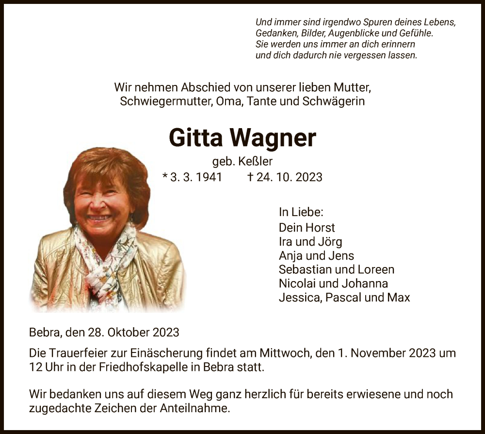  Traueranzeige für Gitta Wagner vom 28.10.2023 aus HNAHNA