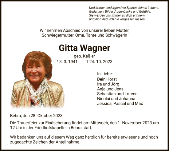 Traueranzeige von Gitta Wagner von HNAHNA