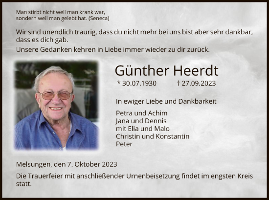 Traueranzeige von Günther Heerdt von HNA