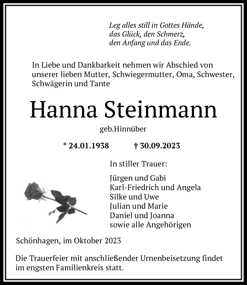  Traueranzeige für Hanna Steinmann vom 06.10.2023 aus HNA