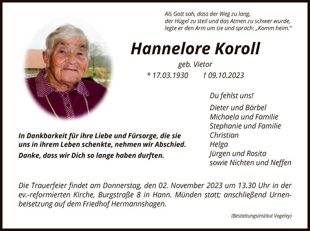  Traueranzeige für Hannelore Koroll vom 14.10.2023 aus HNA
