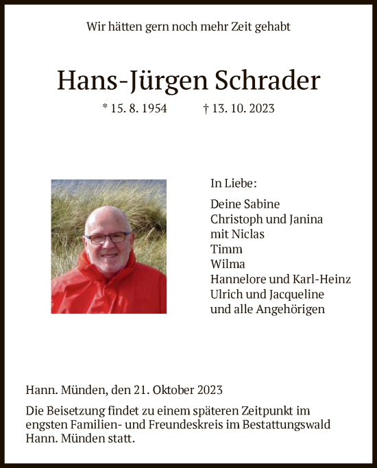 Traueranzeige von Hans-Jürgen Schrader von HNA