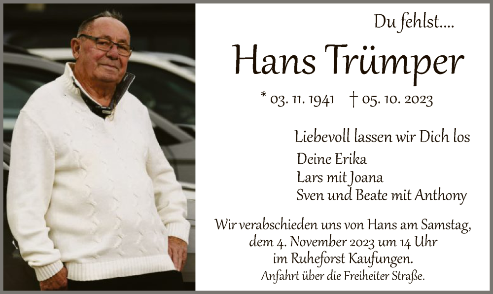  Traueranzeige für Hans Trümper vom 28.10.2023 aus HNA