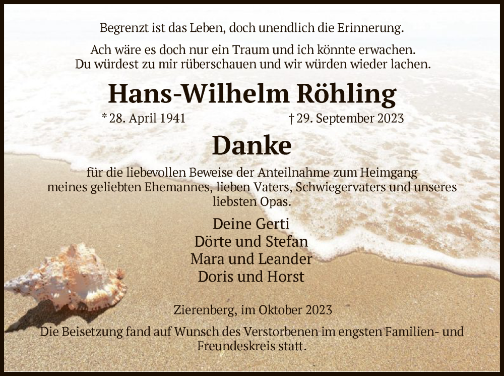  Traueranzeige für Hans-Wilhelm Röhling vom 14.10.2023 aus HNA
