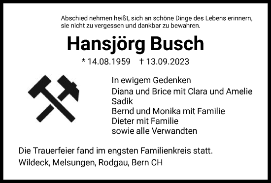 Traueranzeige von Hansjörg Busch von HNA