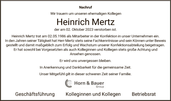 Traueranzeige von Heinrich Mertz von HNA