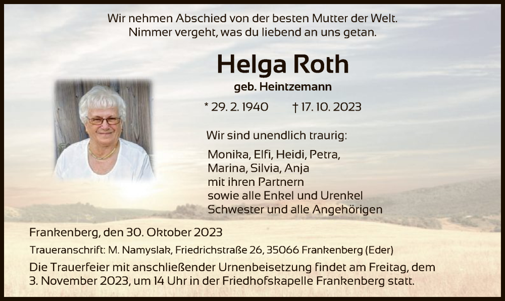  Traueranzeige für Helga Roth vom 30.10.2023 aus HNA