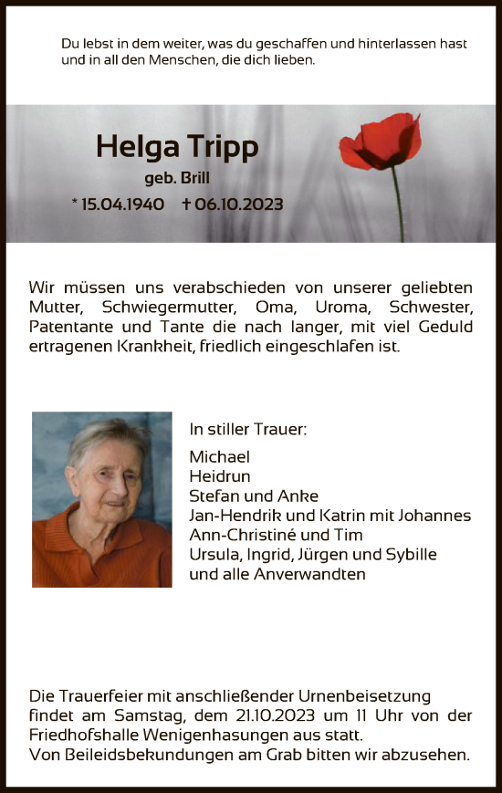 Traueranzeige von Helga Tripp von HNA