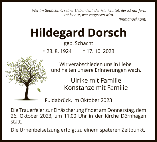 Traueranzeige von Hildegard Dorsch von HNA