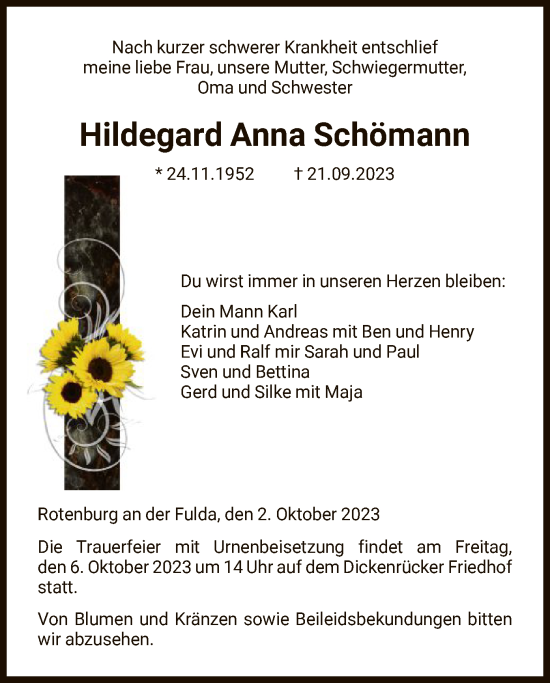 Traueranzeige von Hildegard Anna Schömann von HNA