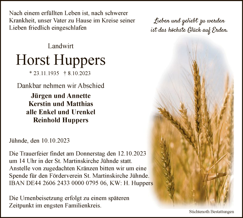  Traueranzeige für Horst Huppers vom 10.10.2023 aus HNA