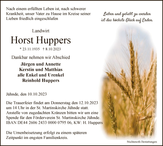 Traueranzeige von Horst Huppers von HNA