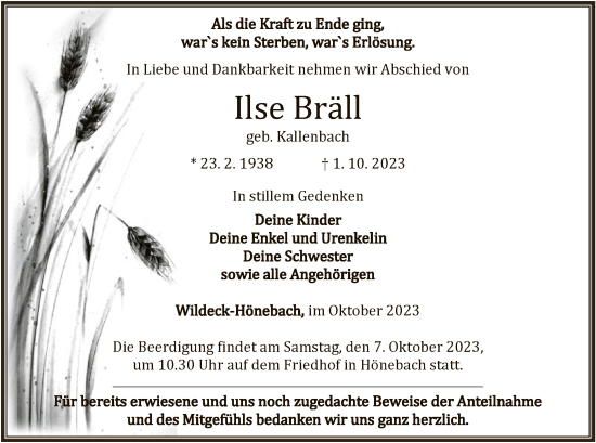 Traueranzeige von Ilse Bräll von HNA