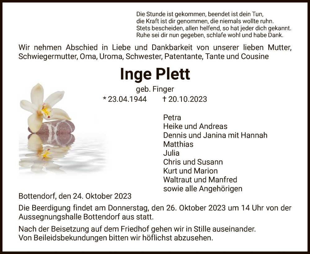  Traueranzeige für Inge Plett vom 24.10.2023 aus HNA
