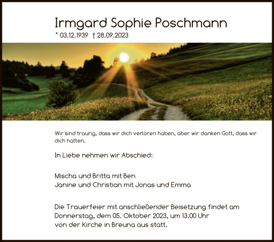 Traueranzeige von Irmgard Sophie Poschmann von HNA