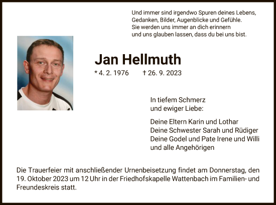 Traueranzeige von Jan Hellmuth von HNA