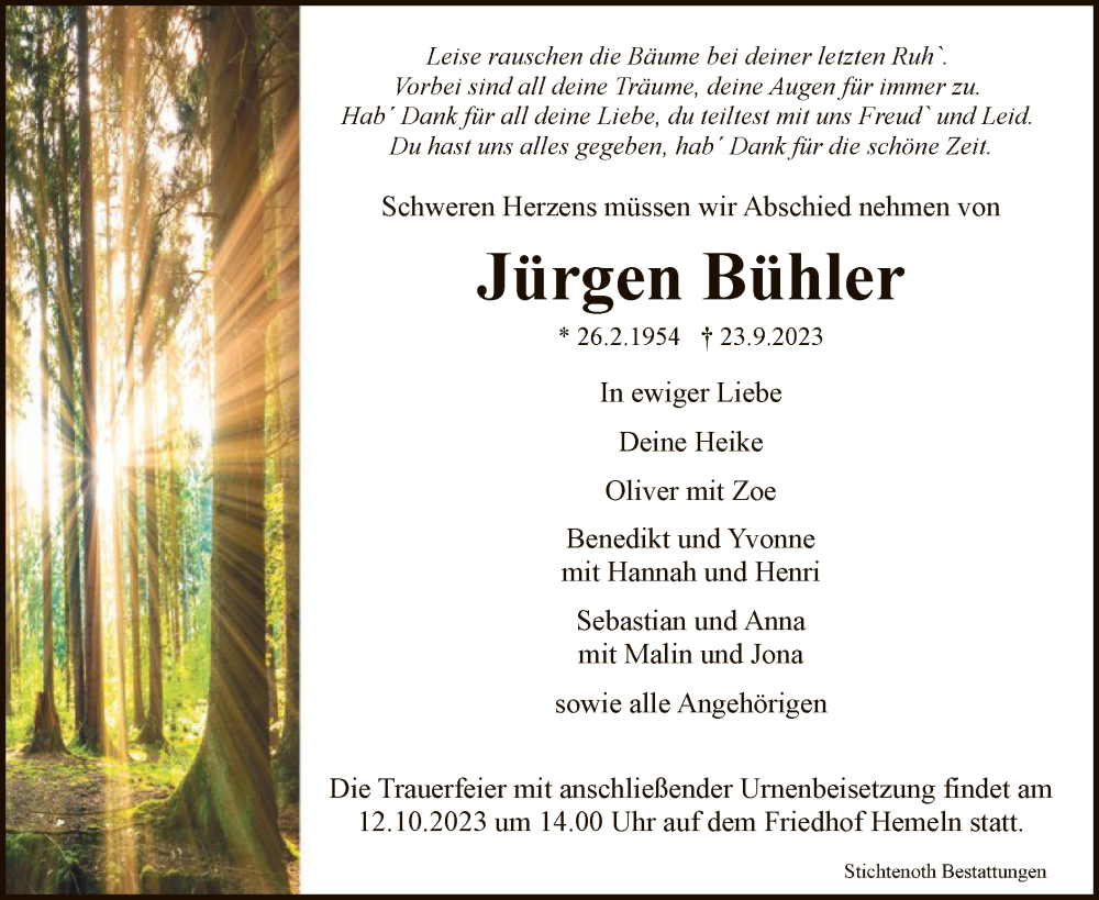  Traueranzeige für Jürgen Bühler vom 07.10.2023 aus HNA