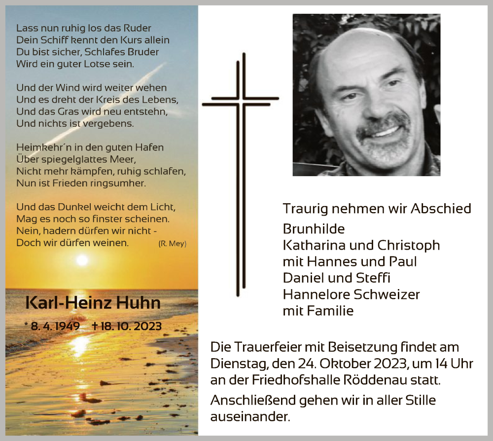  Traueranzeige für Karl-Heinz Huhn vom 23.10.2023 aus HNA