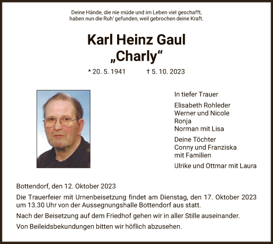 Traueranzeige von Karl Heinz Gaul von HNA