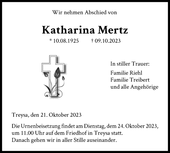 Traueranzeige von Katharina Mertz von HNA