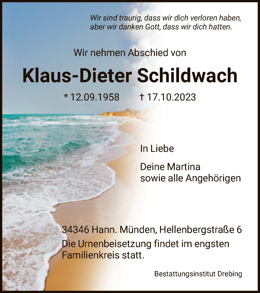  Traueranzeige für Klaus-Dieter Schildwach vom 21.10.2023 aus HNA