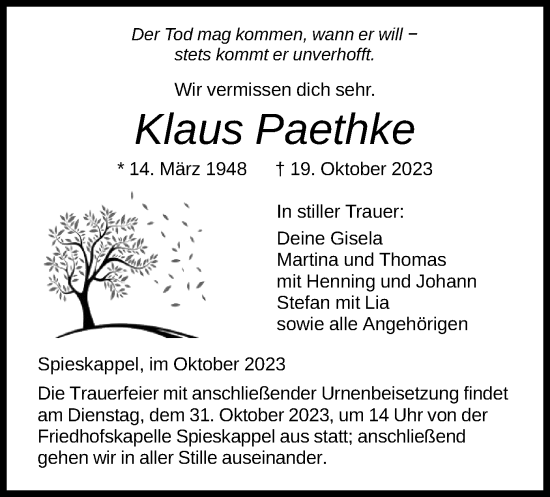 Traueranzeige von Klaus Paethke von HNA