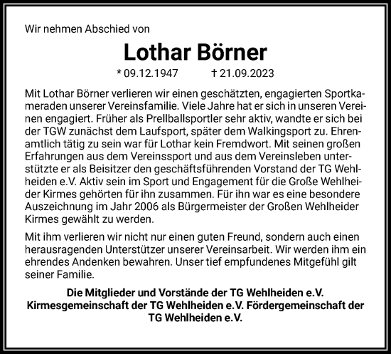 Traueranzeige von Lothar Börner von HNA