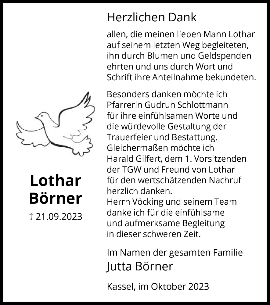  Traueranzeige für Lothar Börner vom 28.10.2023 aus HNA