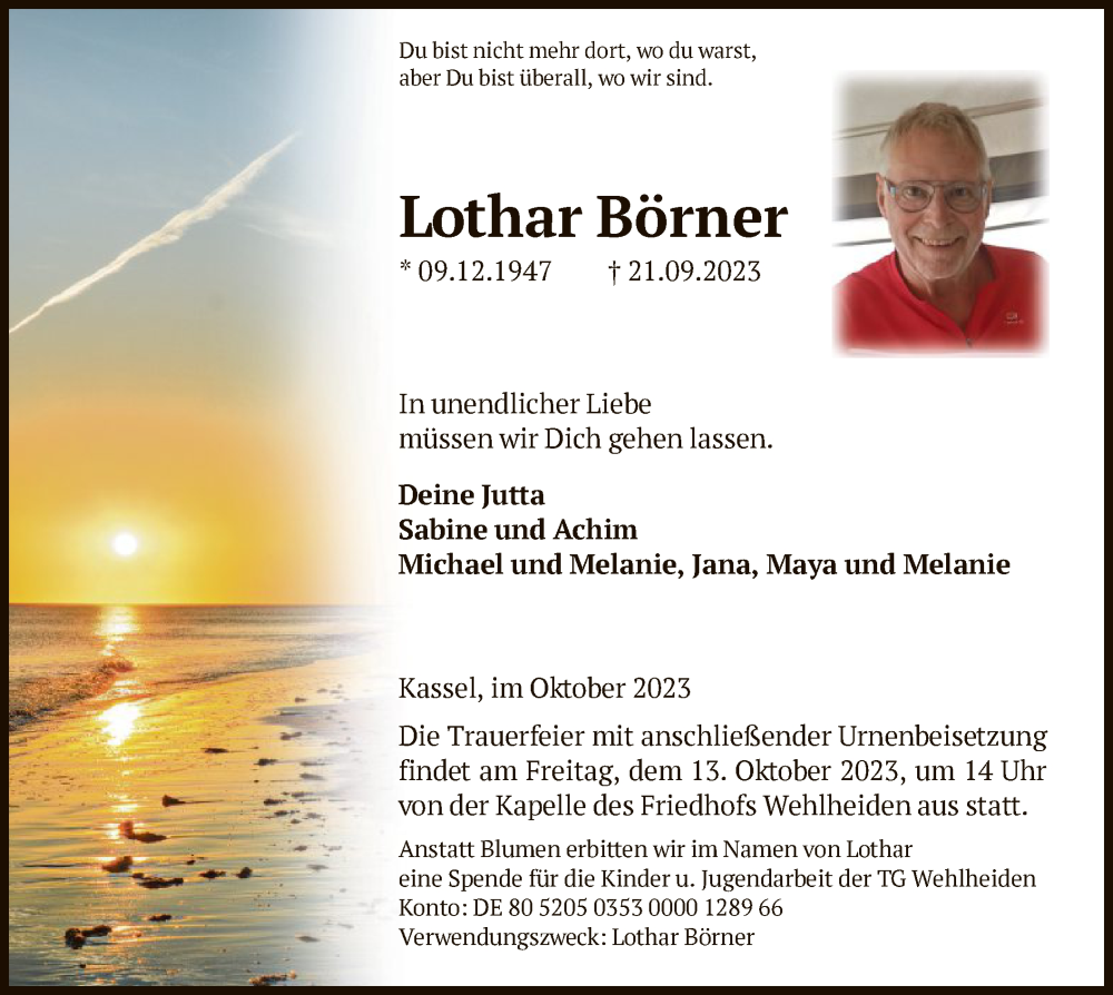  Traueranzeige für Lothar Börner vom 07.10.2023 aus HNA