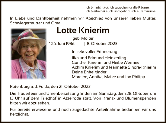 Traueranzeige von Lotte Knierim von HNA