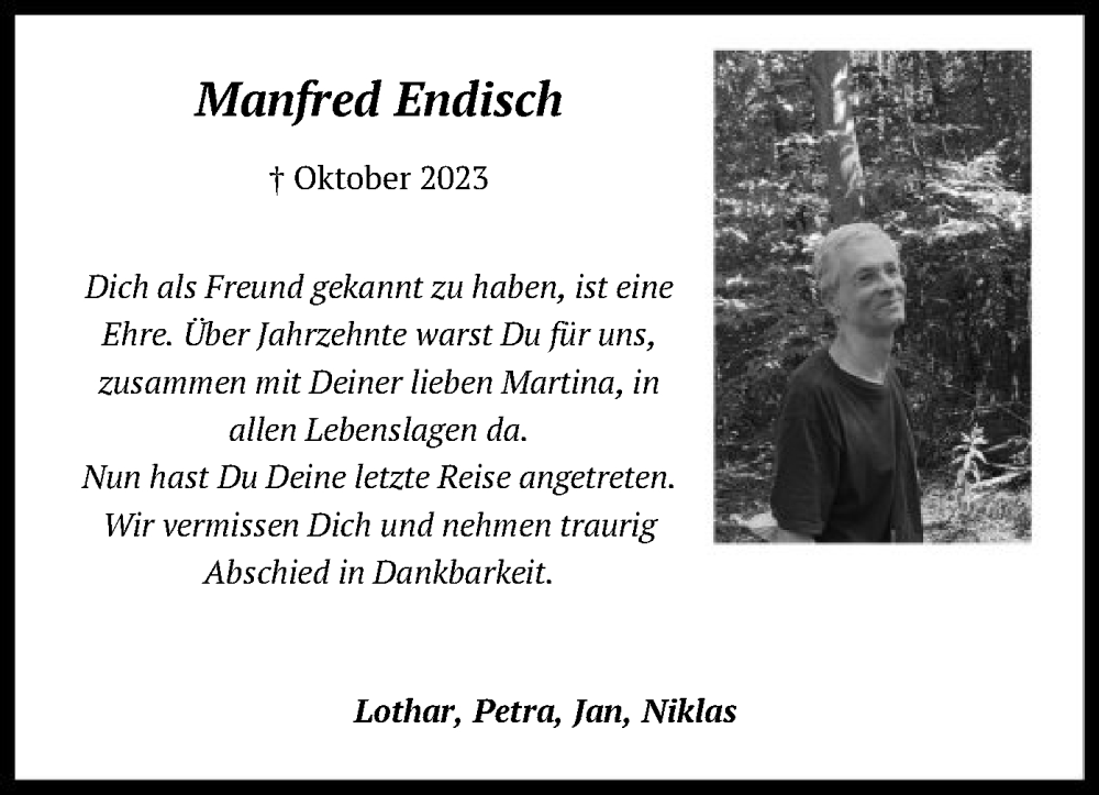  Traueranzeige für Manfred Endisch vom 21.10.2023 aus HNA