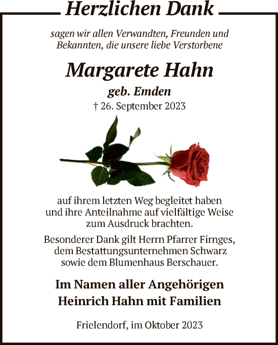 Traueranzeige von Margarete Hahn von HNAHNA