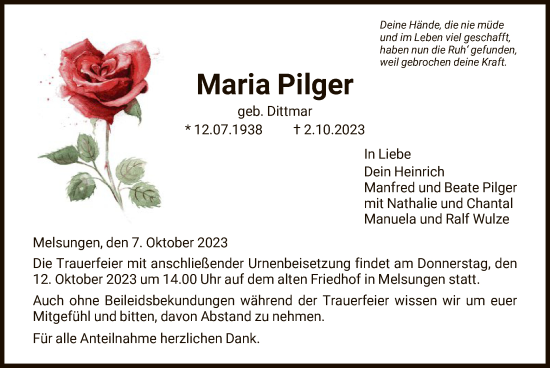 Traueranzeige von Maria Pilger von HNA