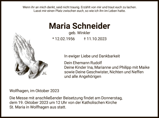 Traueranzeige von Maria Schneider von HNA