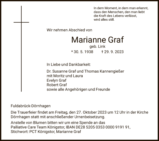 Traueranzeige von Marianne Graf von HNA