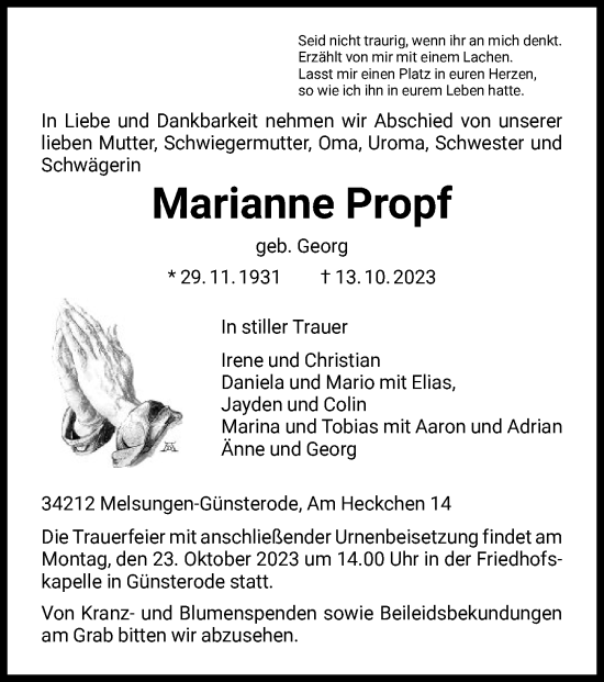 Traueranzeige von Marianne Propf von HNA