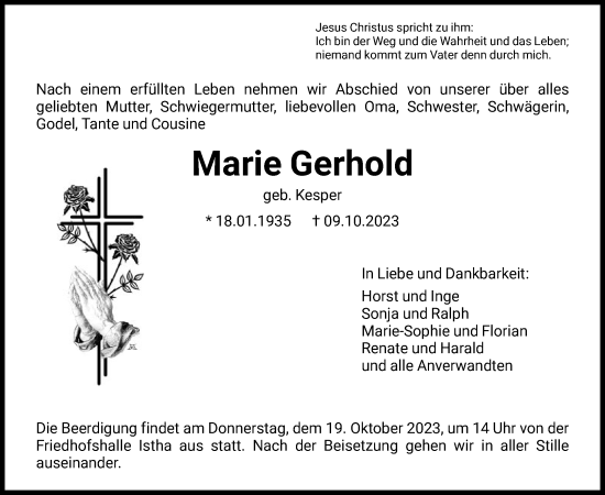 Traueranzeige von Marie Gerhold von HNA