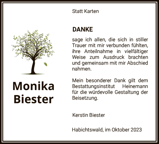 Traueranzeige von Monika Biester von HNA