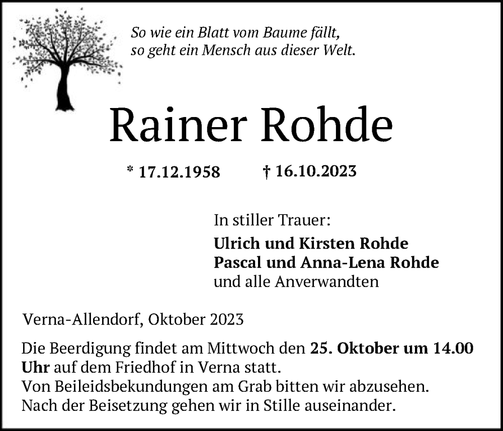 Traueranzeigen von Rainer Rohde | Trauer.HNA.de
