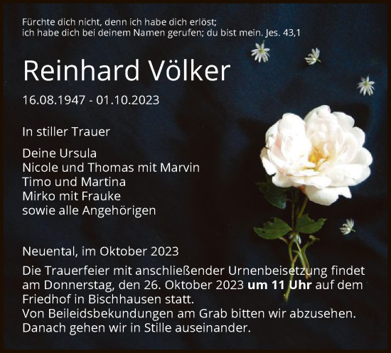 Traueranzeige von Reinhard Völker von HNA