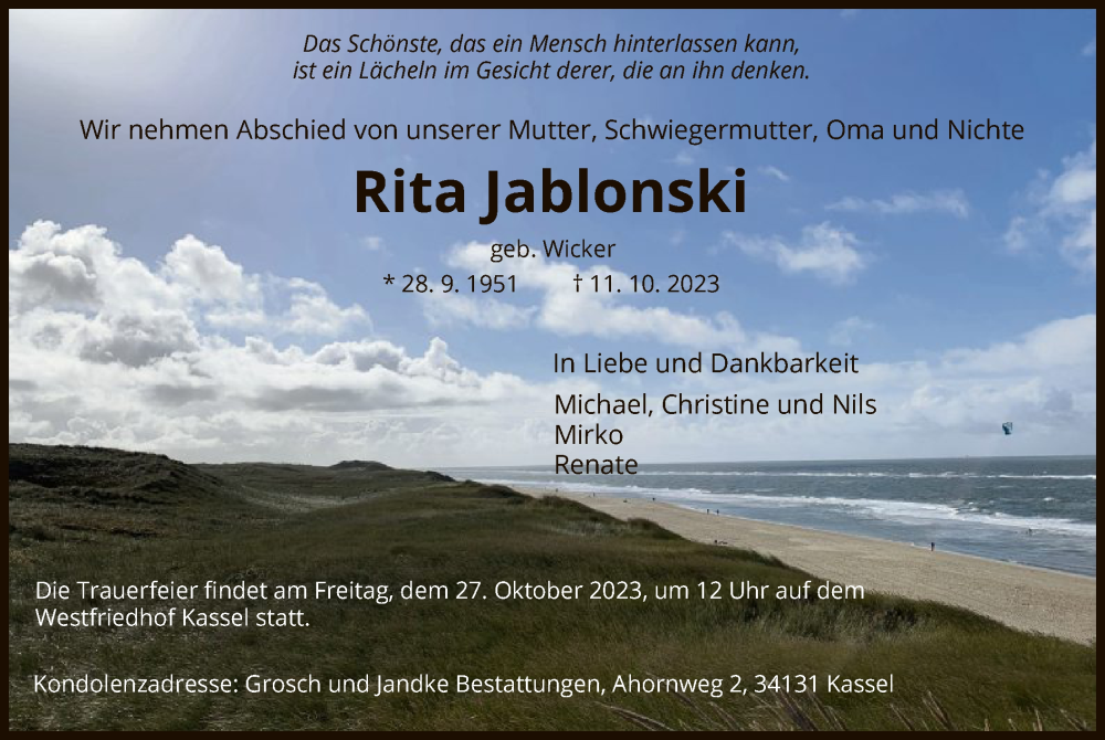  Traueranzeige für Rita Jablonski vom 21.10.2023 aus HNA