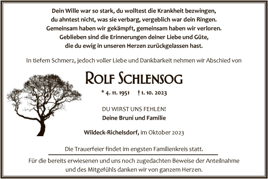 Traueranzeige von Rolf Schlensog von HNA