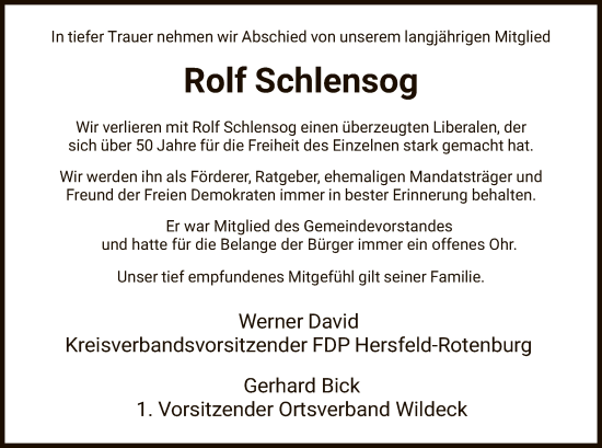 Traueranzeige von Rolf Schlensog von HNA