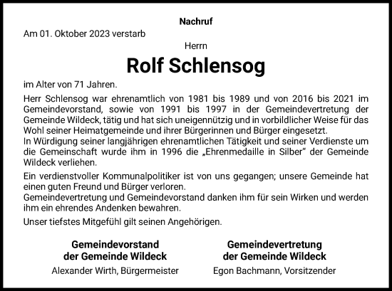 Traueranzeige von Rolf Schlensog von HNA