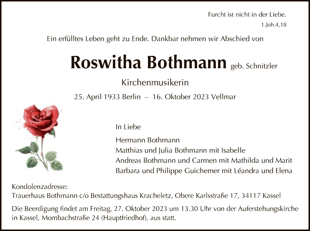  Traueranzeige für Roswitha Bothmann vom 21.10.2023 aus HNA