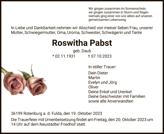 Traueranzeige von Roswitha Pabst von HNA