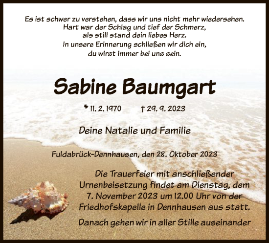 Traueranzeige von Sabine Baumgart von HNA