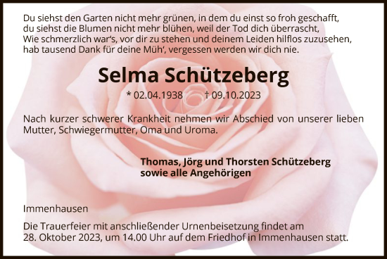 Traueranzeige von Selma Schützeberg von HNA